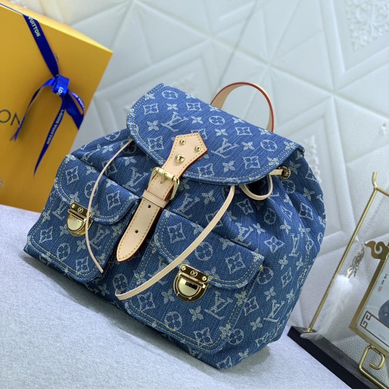 Mochila Modelo Louis Vuitton Monogram Denim Logo Gold Tan