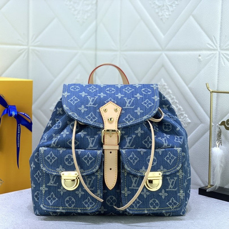 Mochila Modelo Louis Vuitton Monogram Denim Logo Gold Tan