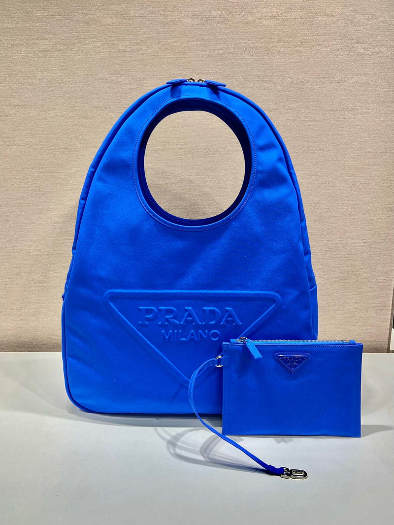 Bolsa Modelo Prada Men Canvas Hobo Bag com Logotipo em Relevo na Frente-Azul